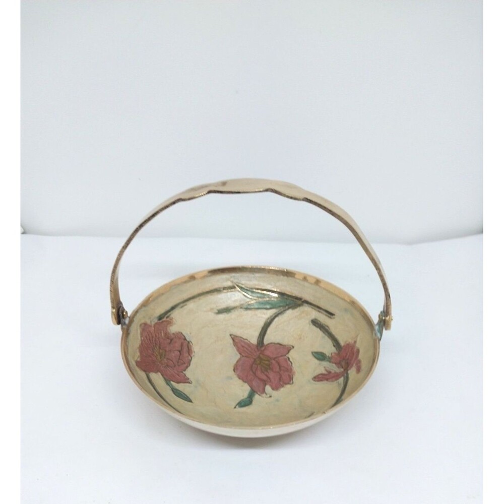 Brass Handle Trinket Dish Magnolia Blossom Cloisonne Vintage 5" Candy Keys